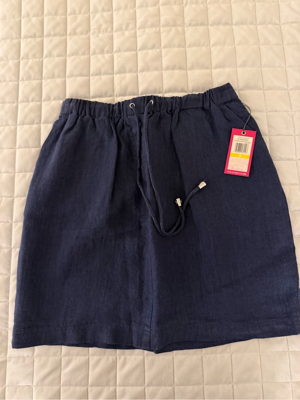 Vince Camuto Navy Elastic-Waist Linen-Blend Skirt
